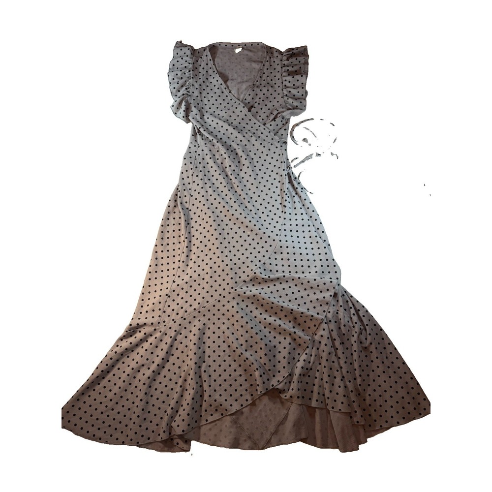Tyche D-4042 Wrap Maxi Dress Women's M Gray Black Polka Dot Ruffle Made USA